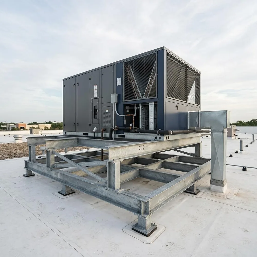 Illustration of rooftop equipment support steel and adjacent roof interfaces